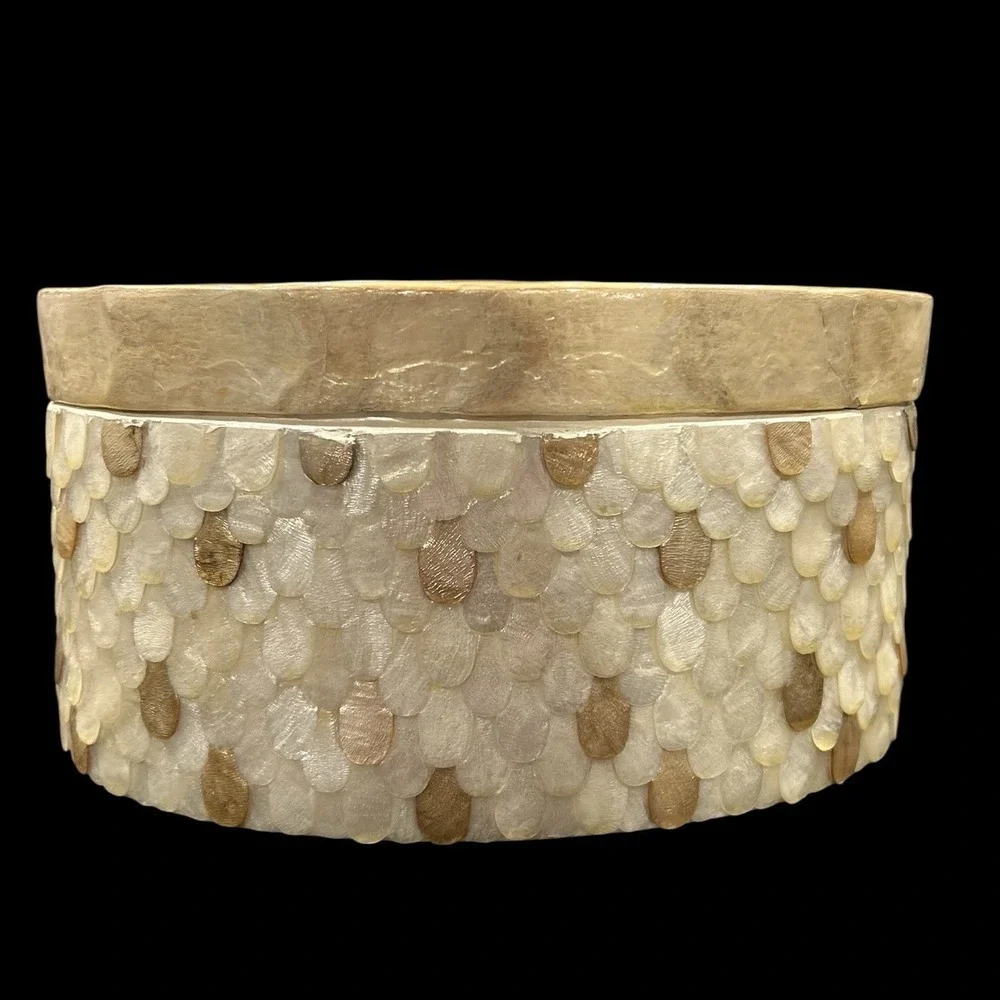 Vtg Unique Capiz Shell Oval Trinket Jewelry Makeup Box Nautical Beach Decor